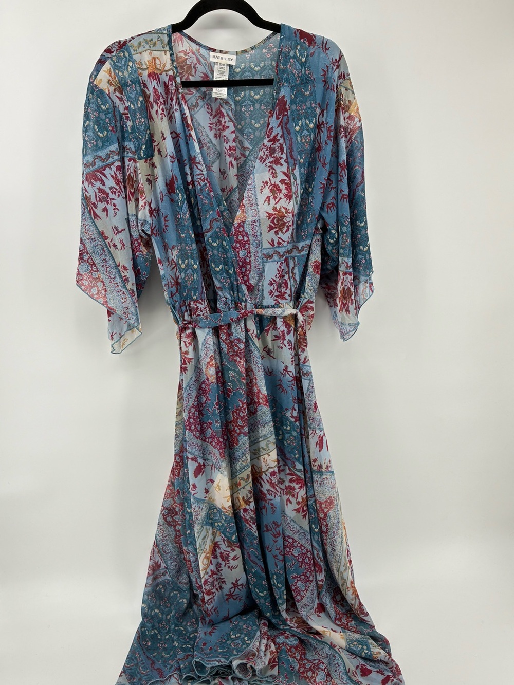 Boho Blue Floral Patchwork Maxi Dress with Tie Waist - Picture 3 of 13